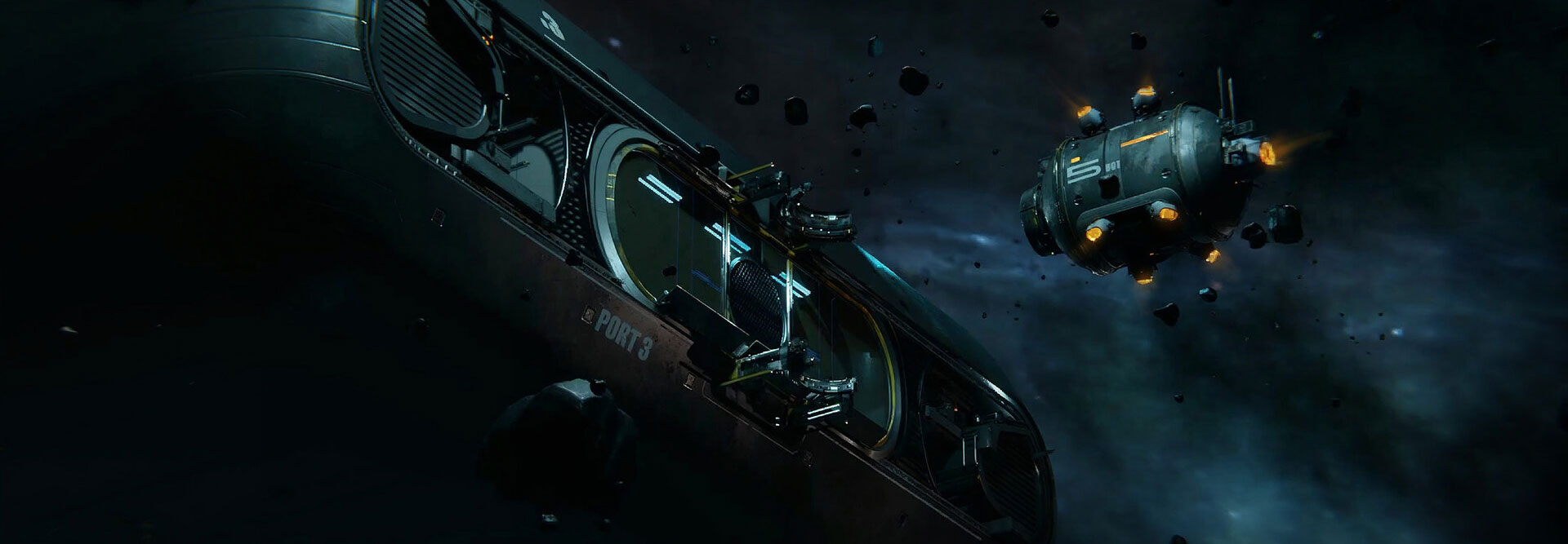Black ship docking — PORT 3, amber running lights
