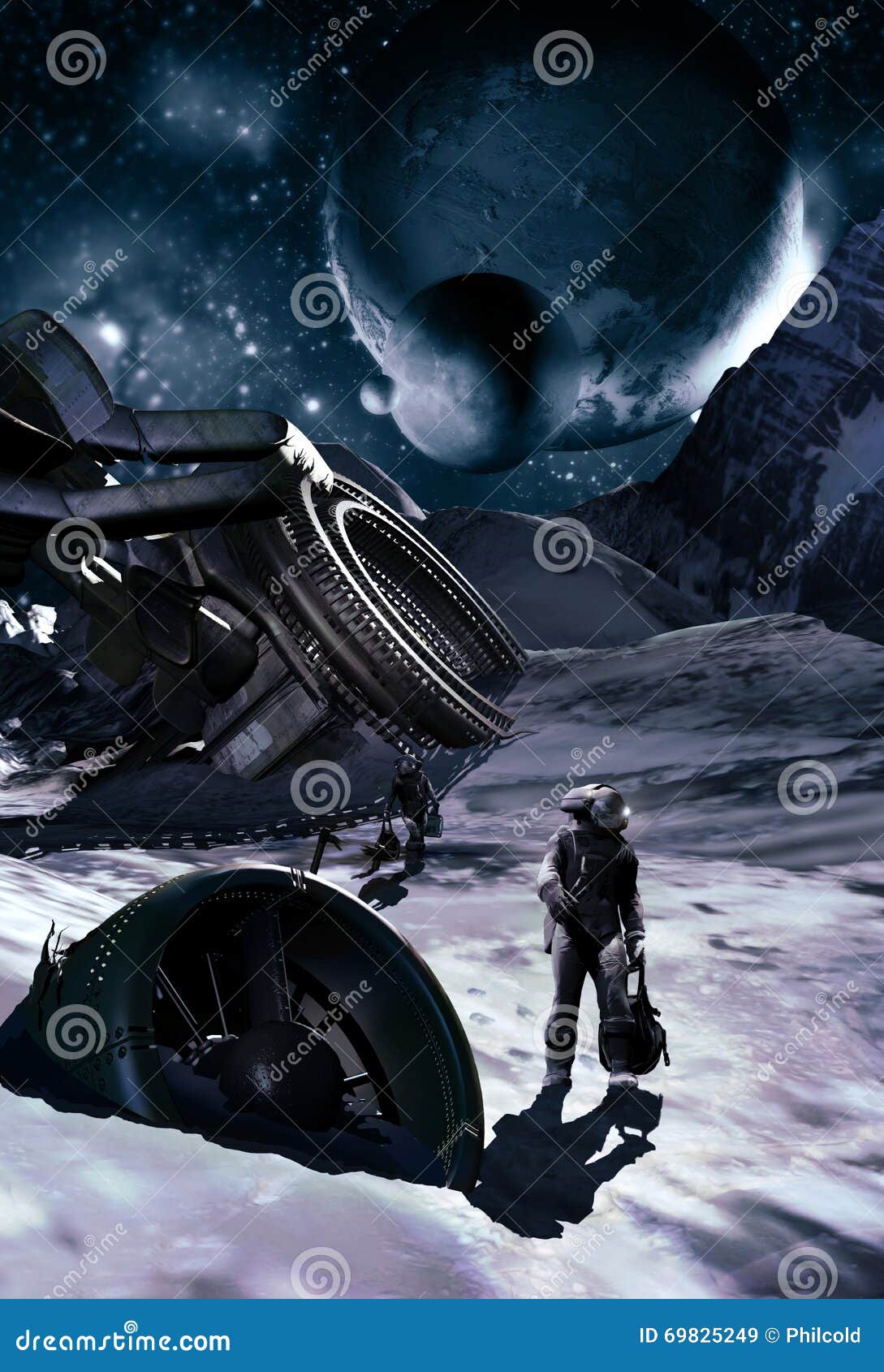 Dead ice planet — spaceship wreck, two astronauts, barren alien landscape