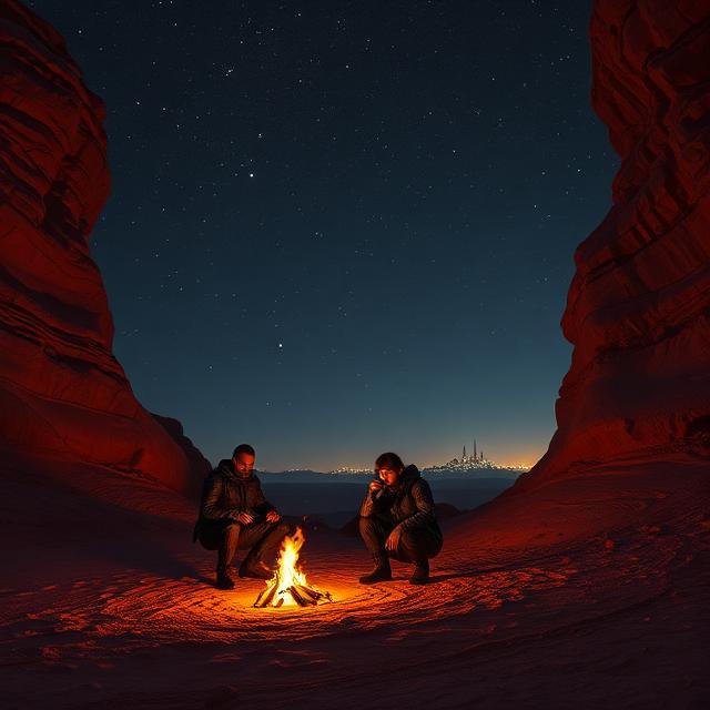 The fireside — Gelon and Yamar camped in outer-ring desert scrubland, 2847.211