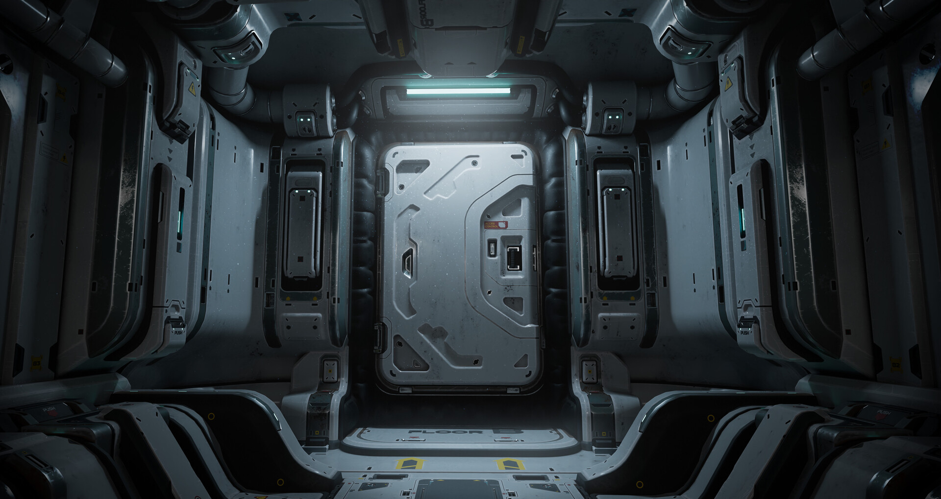 Hephaistos-9 — Maintenance shaft, pod hatch, single teal strip light