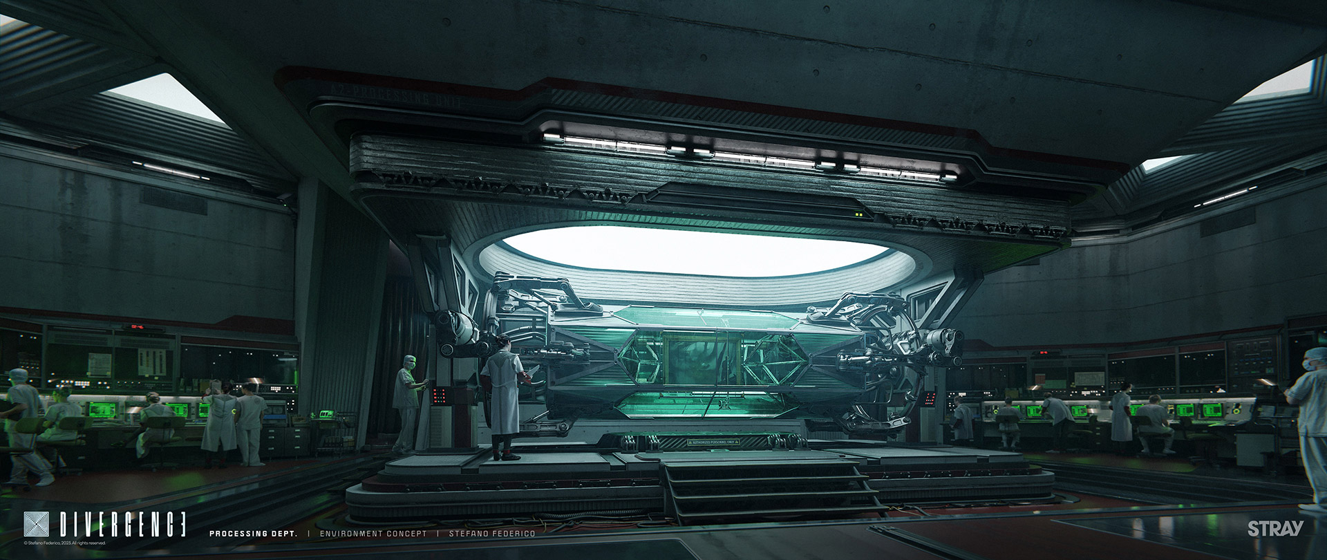 Praxis research lab — clean environment, green-lit processing unit