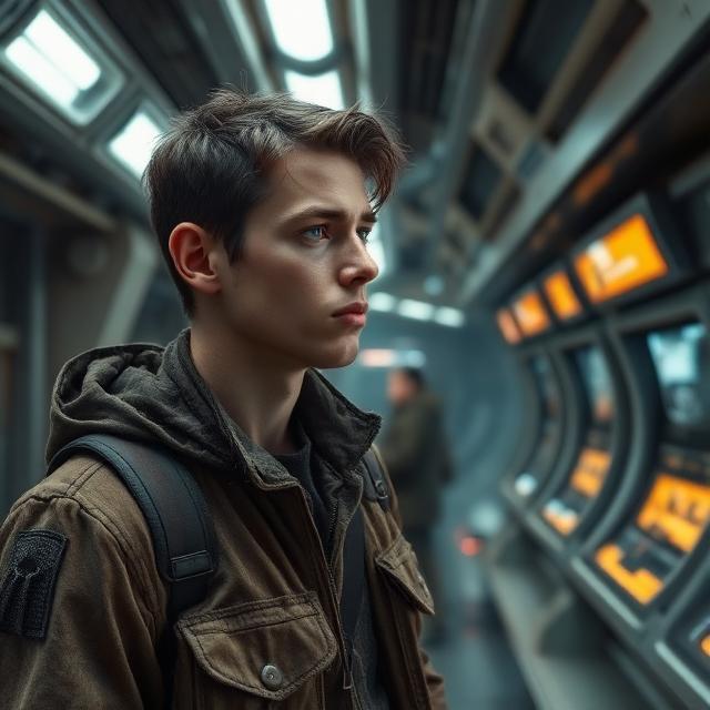 Seren Vael — young man at outer-ring transit terminal, faint implant luminescence