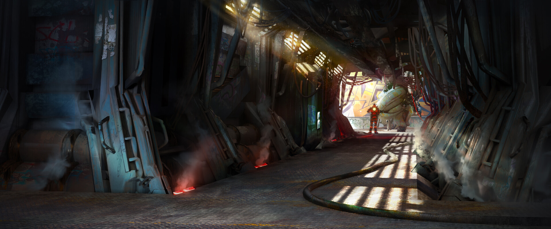 Station corridor — long passage, graffiti, single figure